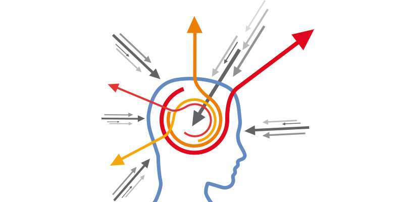 A graphical illustration of a human mind with many colorful arrows going in and out.