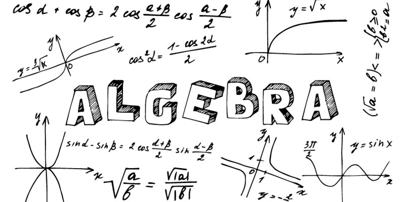 In the middle of a white background poster, appears the word Algebra which is in doodled style. The text is surrounded by formula's and diagrams representing it.