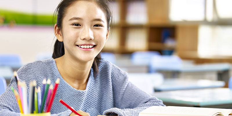 Picture of a happy Asian elementary school student studying in a classroom environment.