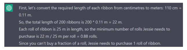 A solution provided by ChatGPT for the PSLE Maths Jessie’s Ribbons problem.