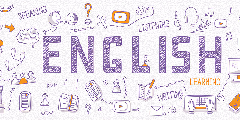 Illustration about learning the PSLE English language with outline icons, symbols, and signs on a white background.